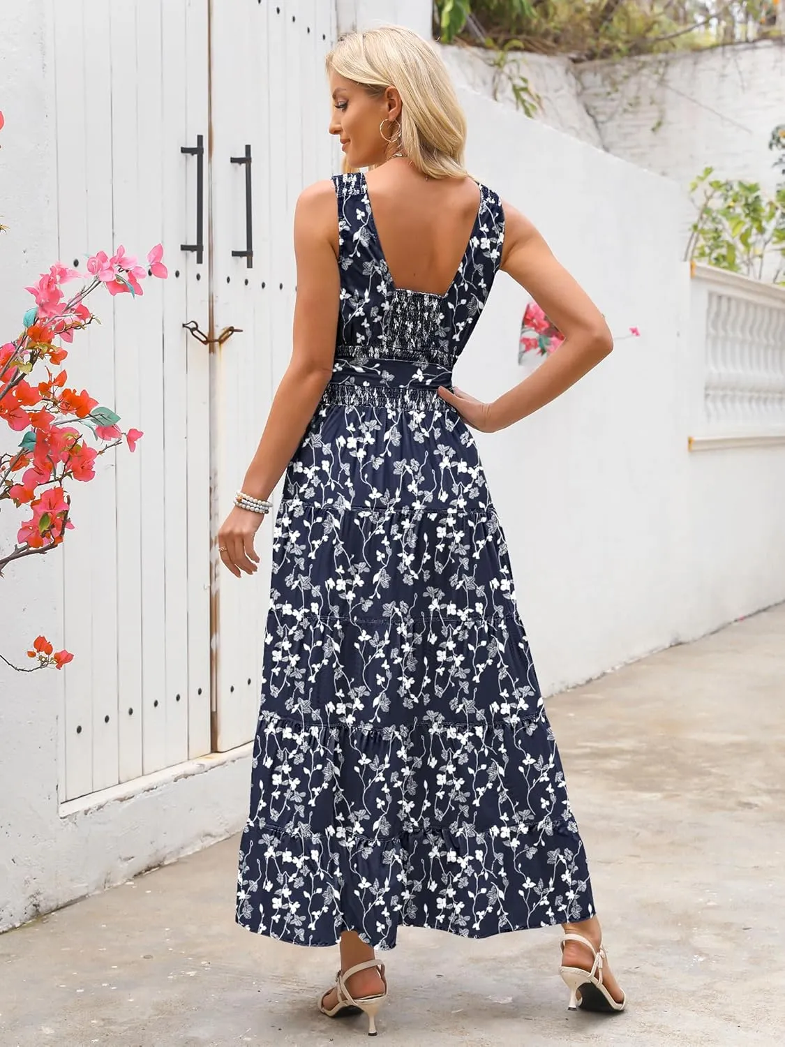 Women Sleeveless Boho Floral Maxi Dress Summer Casual Wrap Vneck Smocked Tie Flowy Ruffle Tiered Beach Long Sundress Pocket