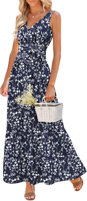 Women Sleeveless Boho Floral Maxi Dress Summer Casual Wrap Vneck Smocked Tie Flowy Ruffle Tiered Beach Long Sundress Pocket