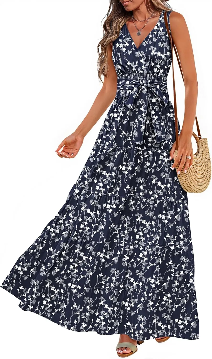 Women Sleeveless Boho Floral Maxi Dress Summer Casual Wrap Vneck Smocked Tie Flowy Ruffle Tiered Beach Long Sundress Pocket