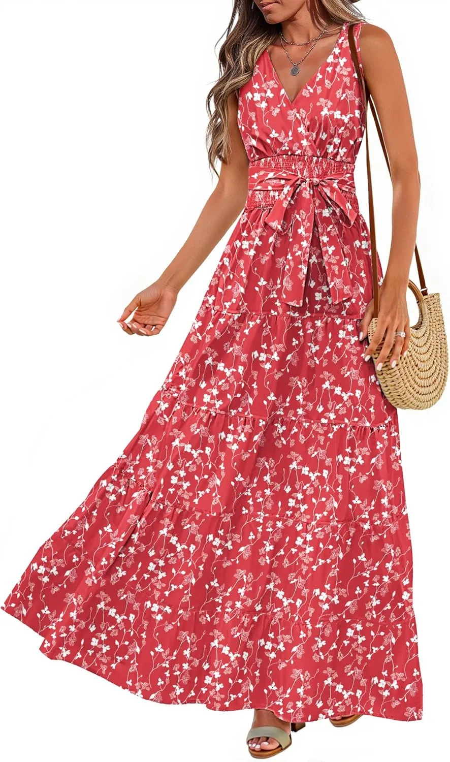 Women Sleeveless Boho Floral Maxi Dress Summer Casual Wrap Vneck Smocked Tie Flowy Ruffle Tiered Beach Long Sundress Pocket