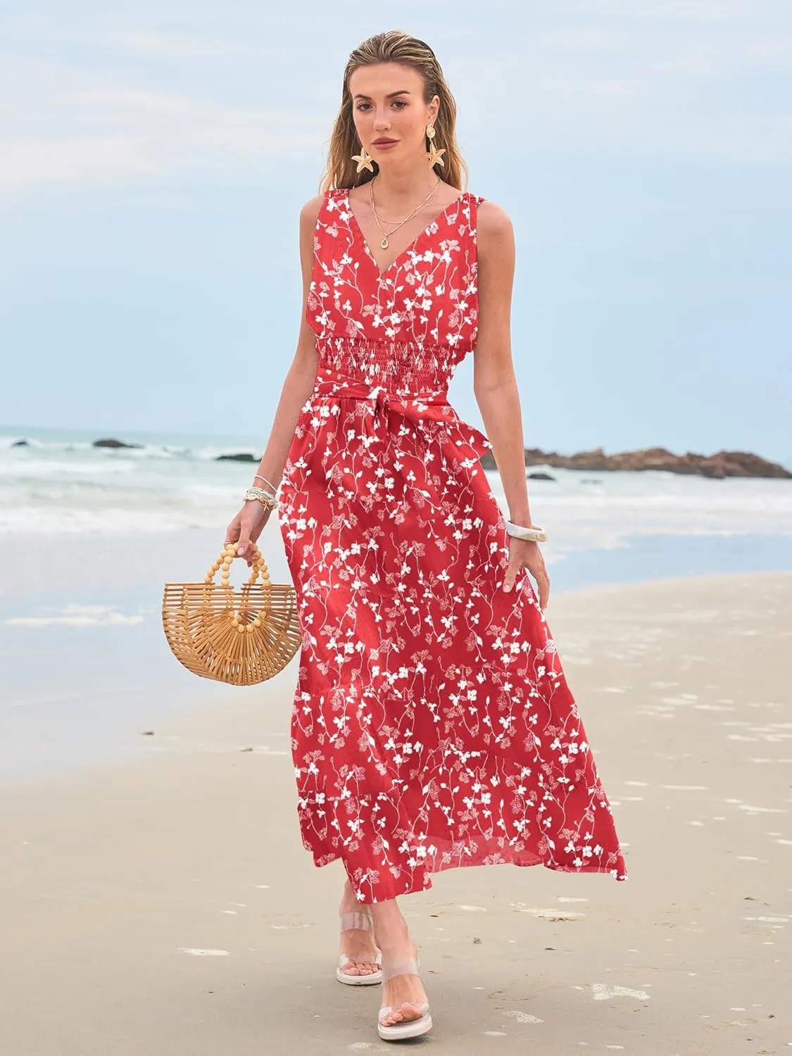 Women Sleeveless Boho Floral Maxi Dress Summer Casual Wrap Vneck Smocked Tie Flowy Ruffle Tiered Beach Long Sundress Pocket