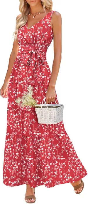 Women Sleeveless Boho Floral Maxi Dress Summer Casual Wrap Vneck Smocked Tie Flowy Ruffle Tiered Beach Long Sundress Pocket