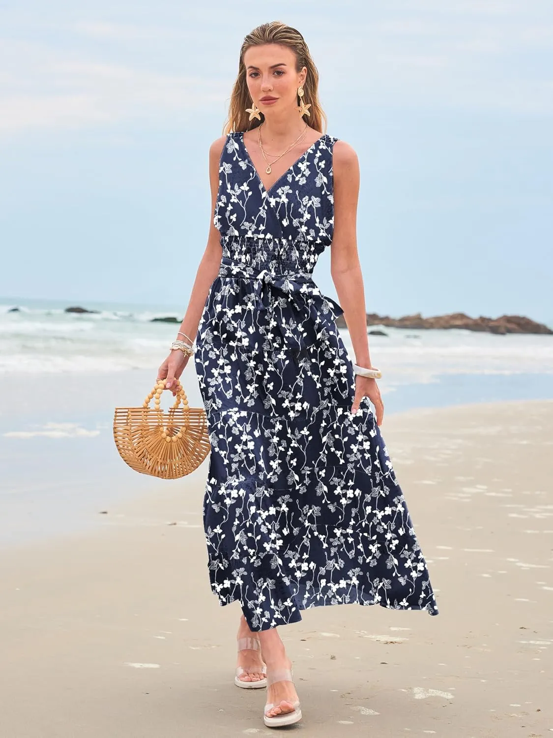 Women Sleeveless Boho Floral Maxi Dress Summer Casual Wrap Vneck Smocked Tie Flowy Ruffle Tiered Beach Long Sundress Pocket