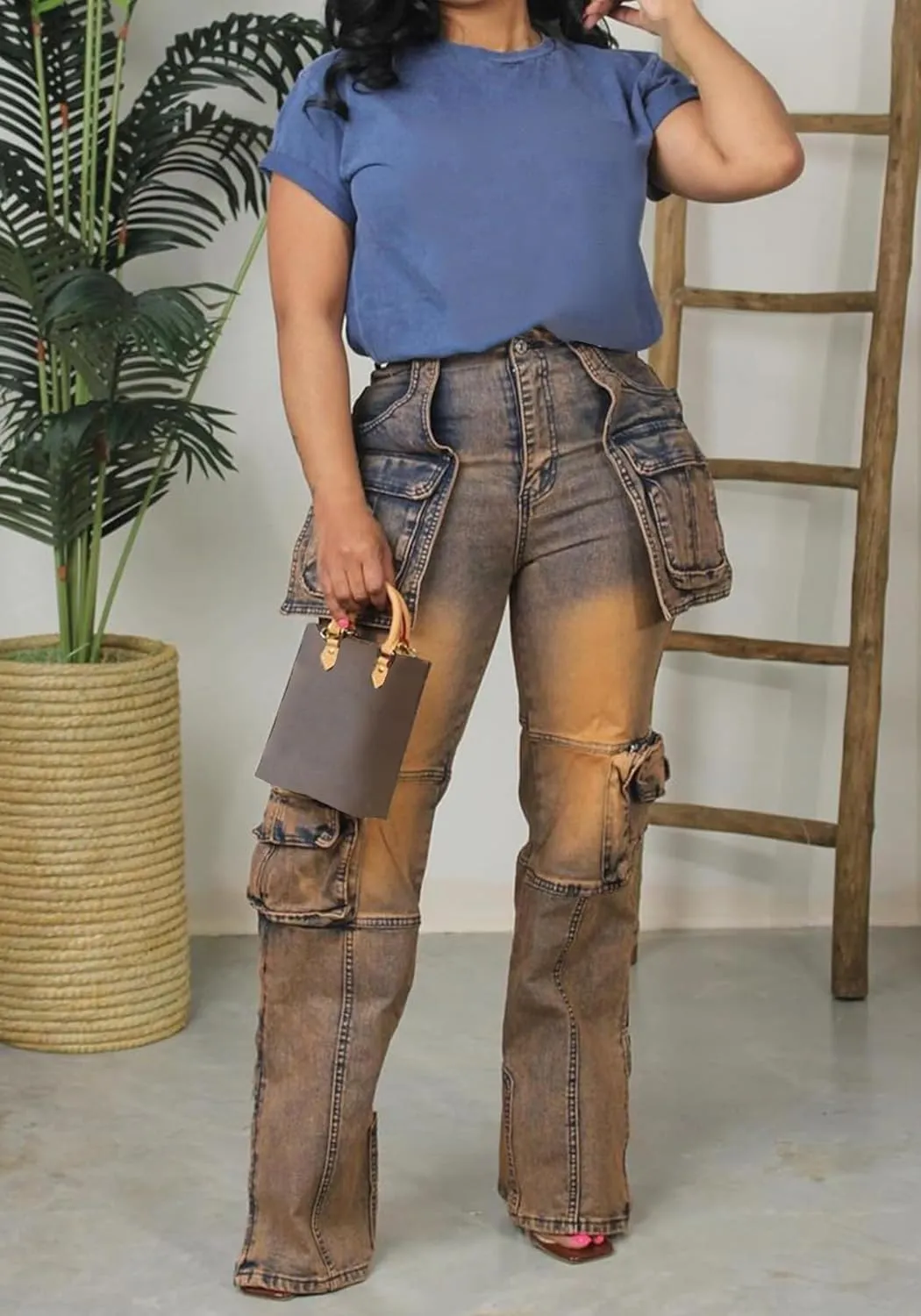 Women Stretch Cargo Jeans Y2k Boyfriend High Waisted Straight Leg Pockets Street Denim Pants