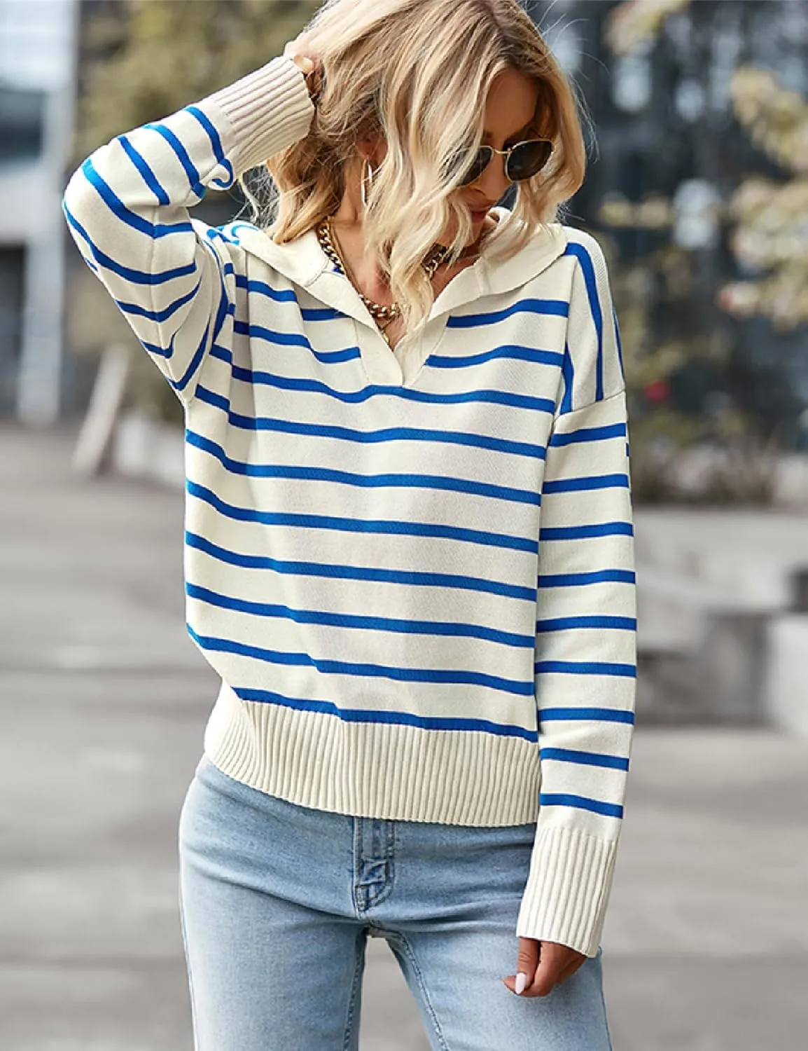Women Striped Sweater Polo V Neck Long Sleeve Loose Sweater Knit Pullover Jumper Tops