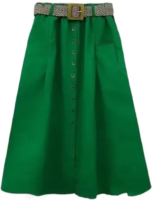 Women Summer Mid Long Skirt Chic Single-Breasted A-Line Elastic High Waist Skirts