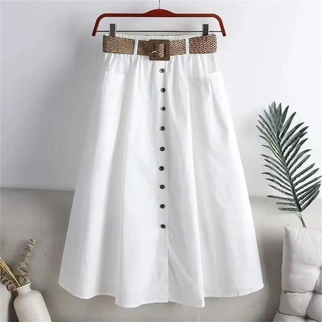 Women Summer Mid Long Skirt Chic Single-Breasted A-Line Elastic High Waist Skirts