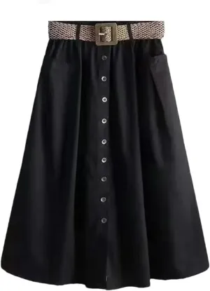 Women Summer Mid Long Skirt Chic Single-Breasted A-Line Elastic High Waist Skirts