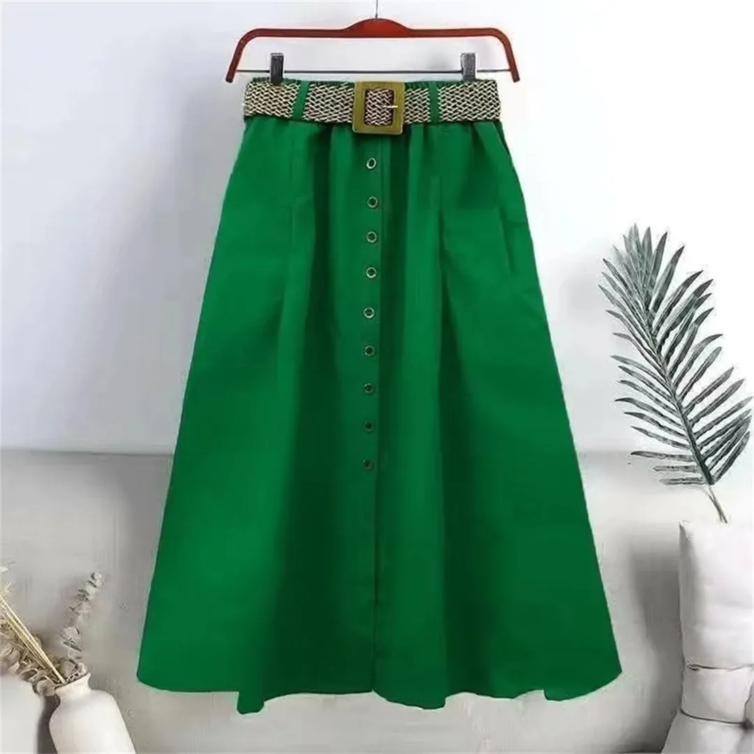 Women Summer Mid Long Skirt Chic Single-Breasted A-Line Elastic High Waist Skirts