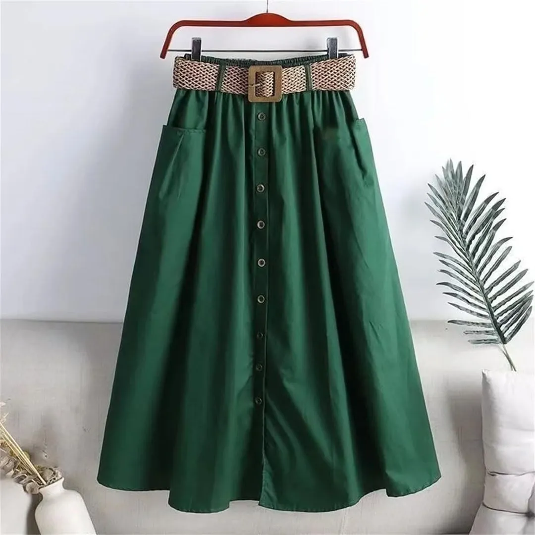 Women Summer Mid Long Skirt Chic Single-Breasted A-Line Elastic High Waist Skirts