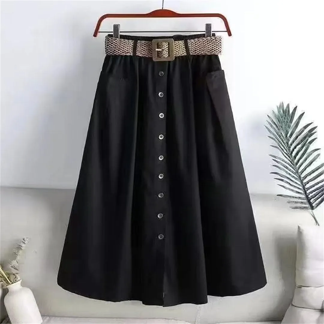 Women Summer Mid Long Skirt Chic Single-Breasted A-Line Elastic High Waist Skirts