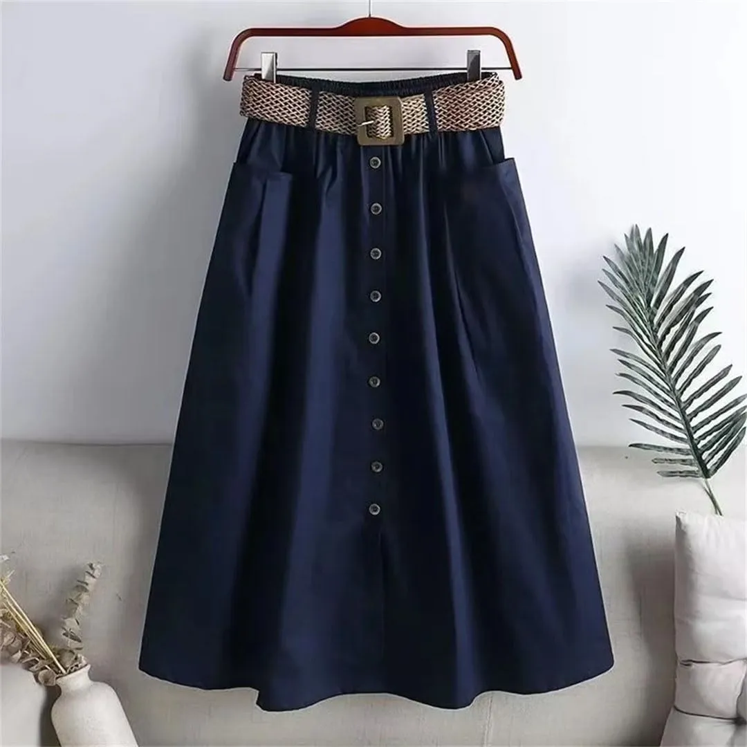Women Summer Mid Long Skirt Chic Single-Breasted A-Line Elastic High Waist Skirts