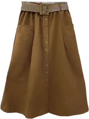 Women Summer Mid Long Skirt Chic Single-Breasted A-Line Elastic High Waist Skirts
