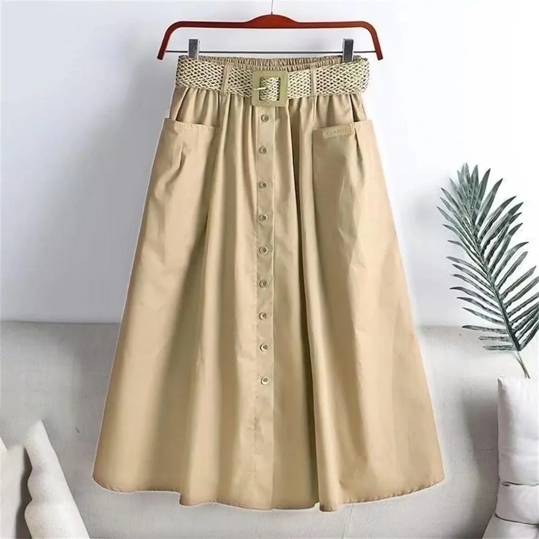 Women Summer Mid Long Skirt Chic Single-Breasted A-Line Elastic High Waist Skirts