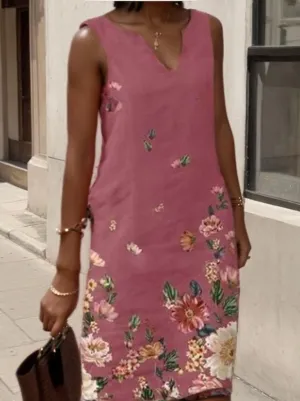 Women V Neck Floral Print Tshirt Dress Casual Loose Boho Sleeveless Tank Dress Summer Midi Shift Beach Sundress