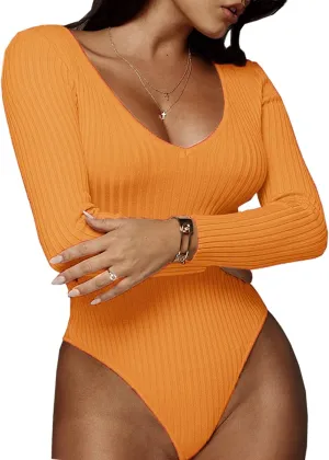 Women V Neck Long Sleeve Bodysuit Shirts Sexy Jumpsuit Ribbed Knit Stretchy Leotard Top