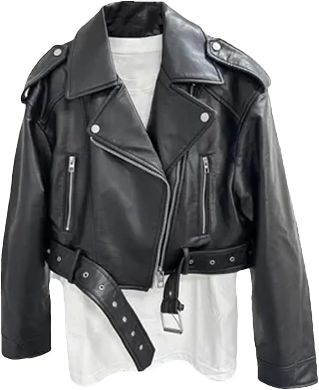Women Vintage Loose Pu Faux Leather Short Jacket Street Female Zipper Retro Moto Biker Outwear
