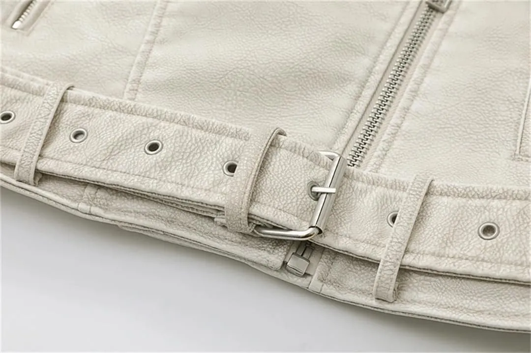 Women Vintage Loose Pu Faux Leather Short Jacket Street Female Zipper Retro Moto Biker Outwear