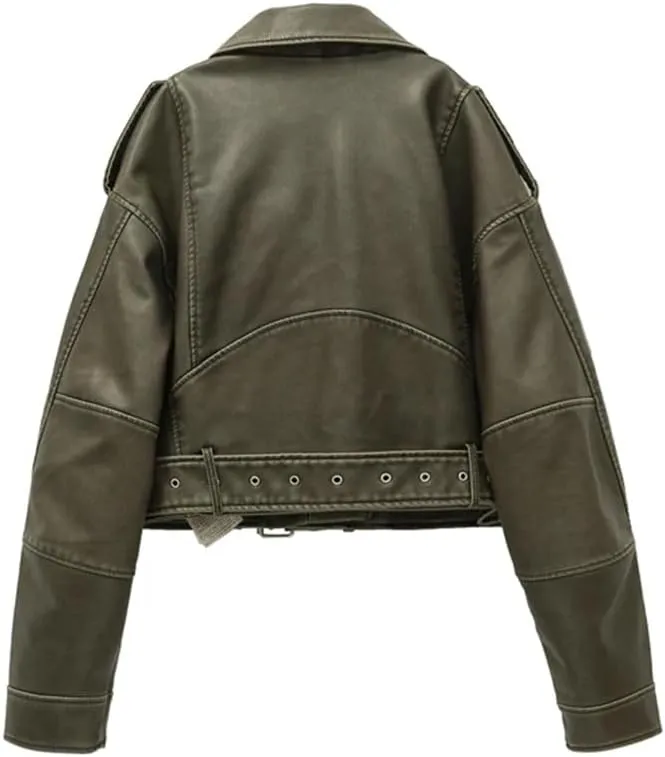 Women Vintage Loose Pu Faux Leather Short Jacket Street Female Zipper Retro Moto Biker Outwear
