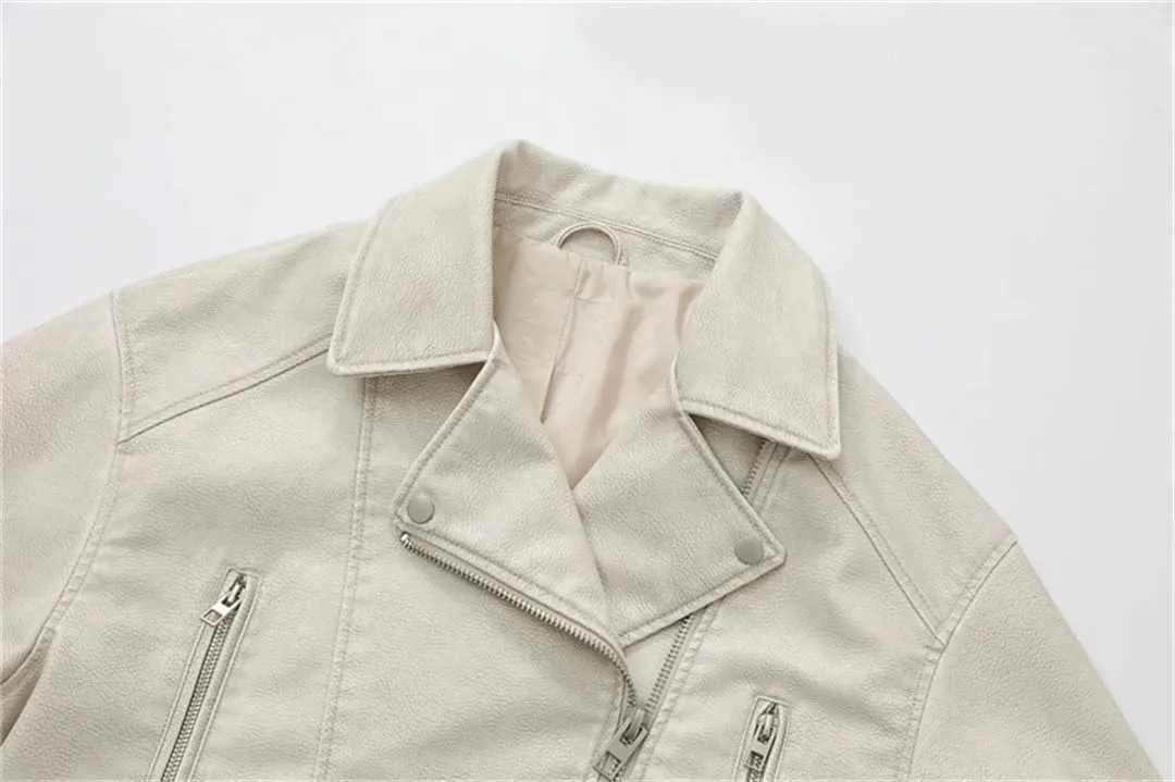 Women Vintage Loose Pu Faux Leather Short Jacket Street Female Zipper Retro Moto Biker Outwear