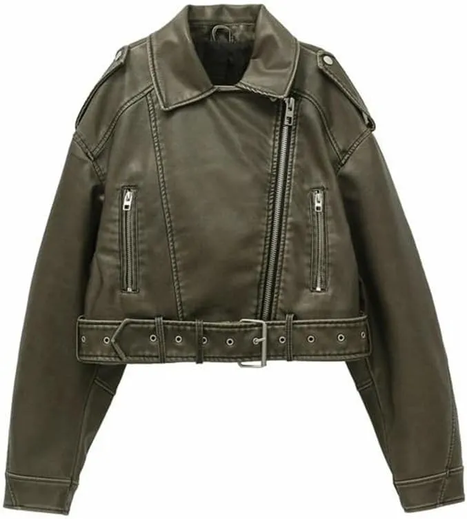 Women Vintage Loose Pu Faux Leather Short Jacket Street Female Zipper Retro Moto Biker Outwear