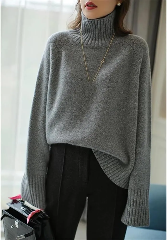 Women Winter Thickened Cashmere Sweater Loose Turtleneck Oversized Solid Knit Bottom Jumper Top