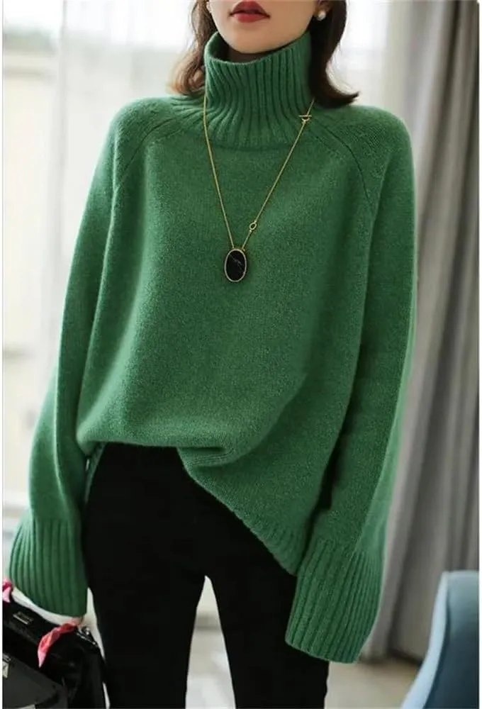 Women Winter Thickened Cashmere Sweater Loose Turtleneck Oversized Solid Knit Bottom Jumper Top