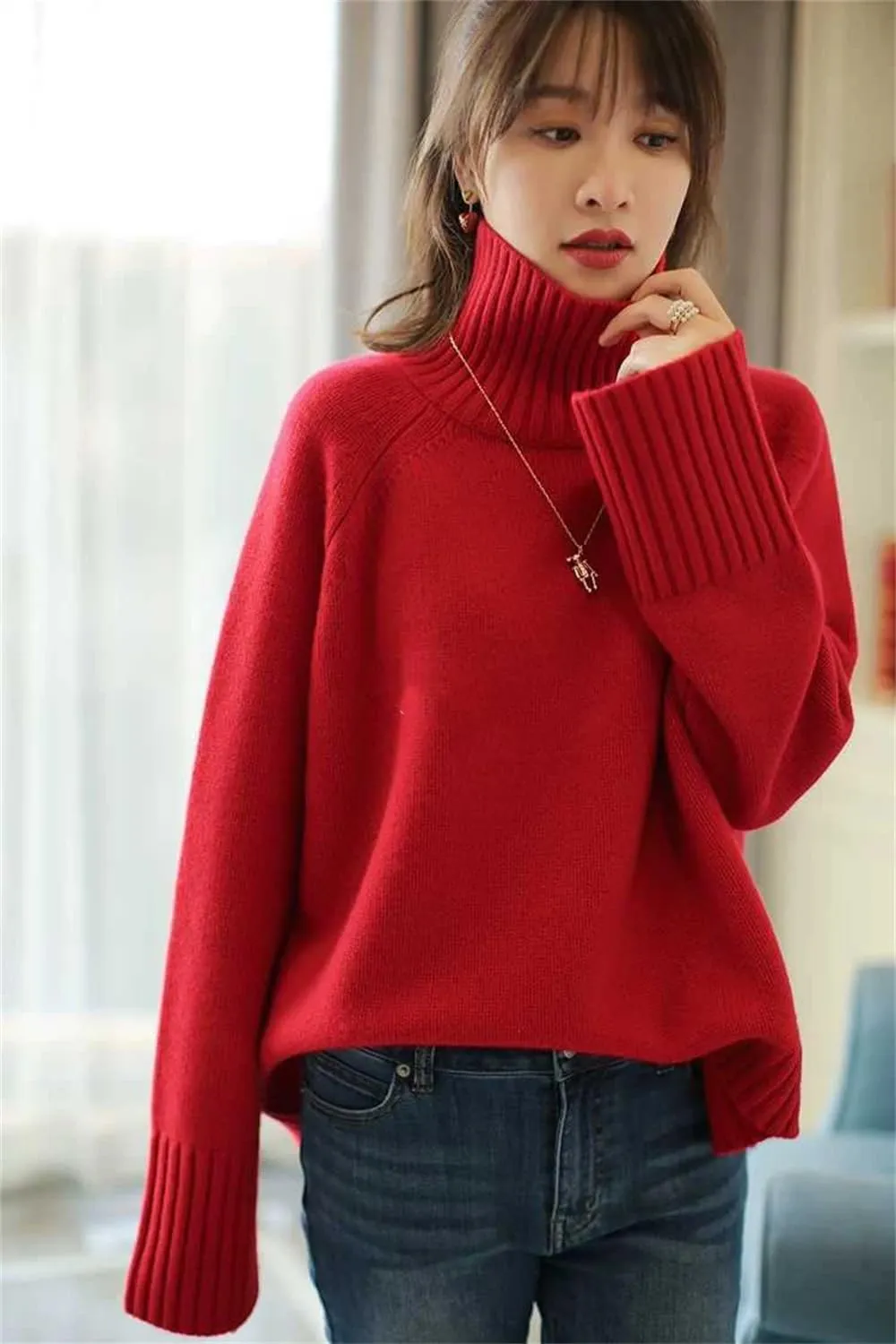 Women Winter Thickened Cashmere Sweater Loose Turtleneck Oversized Solid Knit Bottom Jumper Top