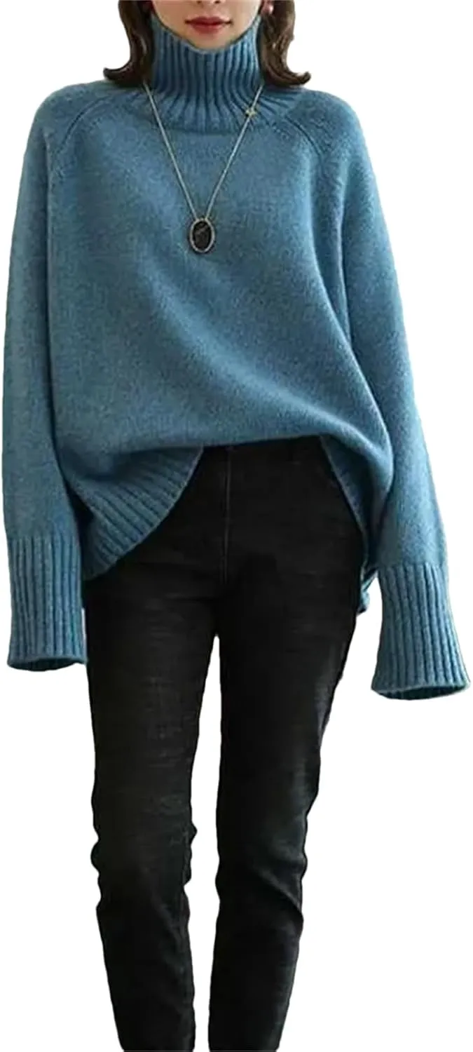 Women Winter Thickened Cashmere Sweater Loose Turtleneck Oversized Solid Knit Bottom Jumper Top