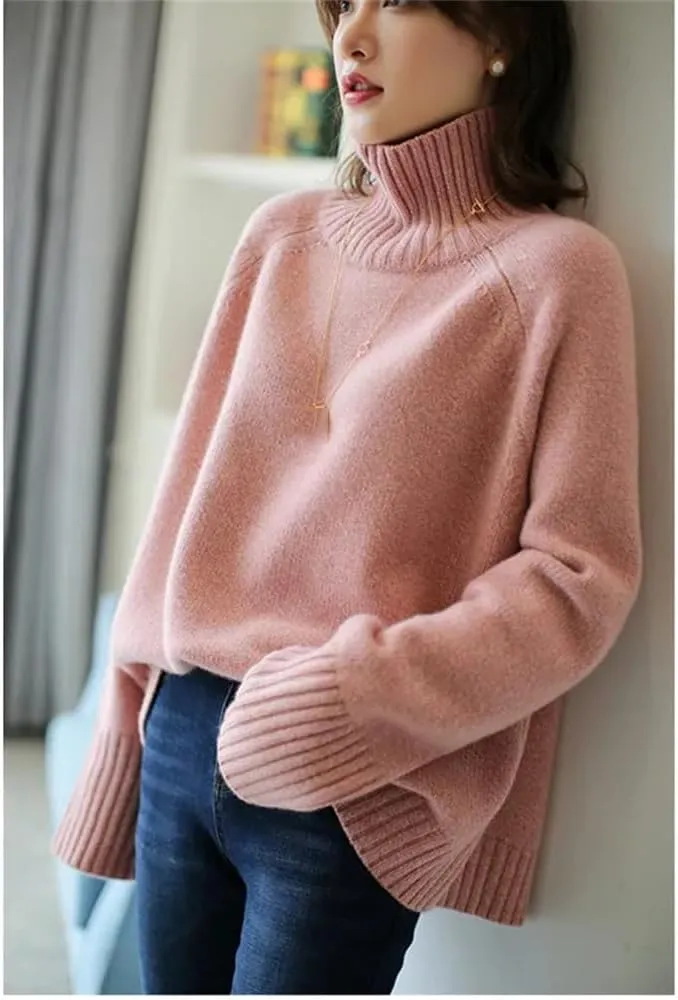 Women Winter Thickened Cashmere Sweater Loose Turtleneck Oversized Solid Knit Bottom Jumper Top