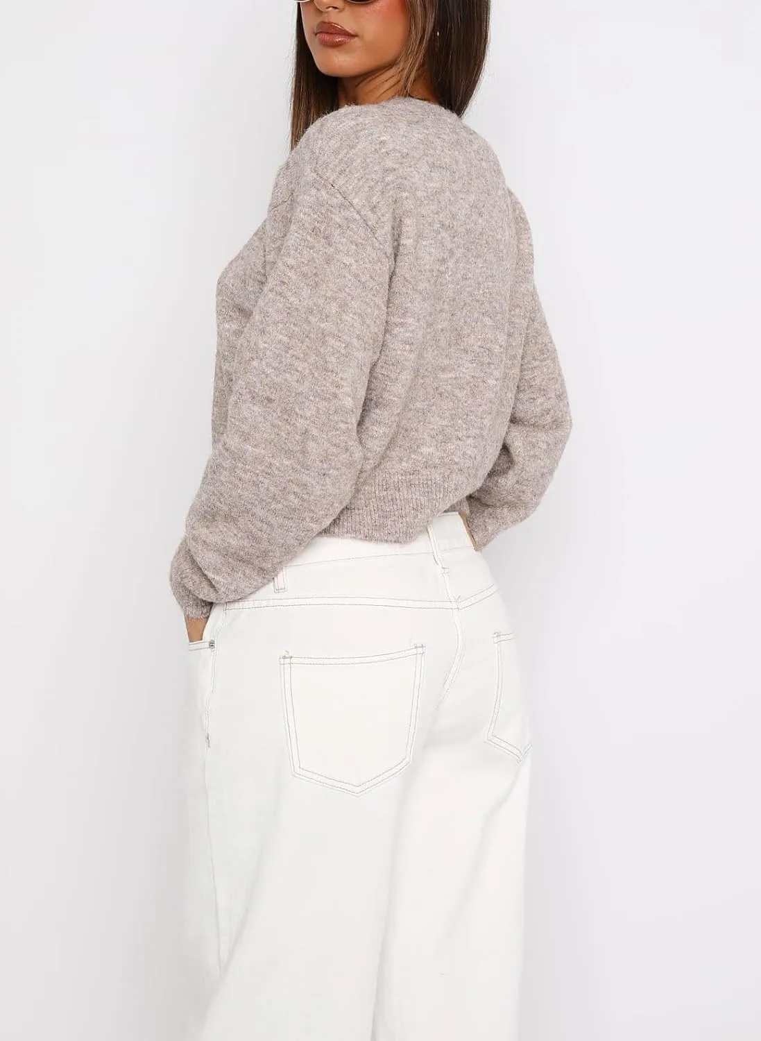 Women Y2k Button Down Crop Sweater Cardigan Long Sleeve Open Front Crewneck Cardigan Cute Knit Pullover Tops