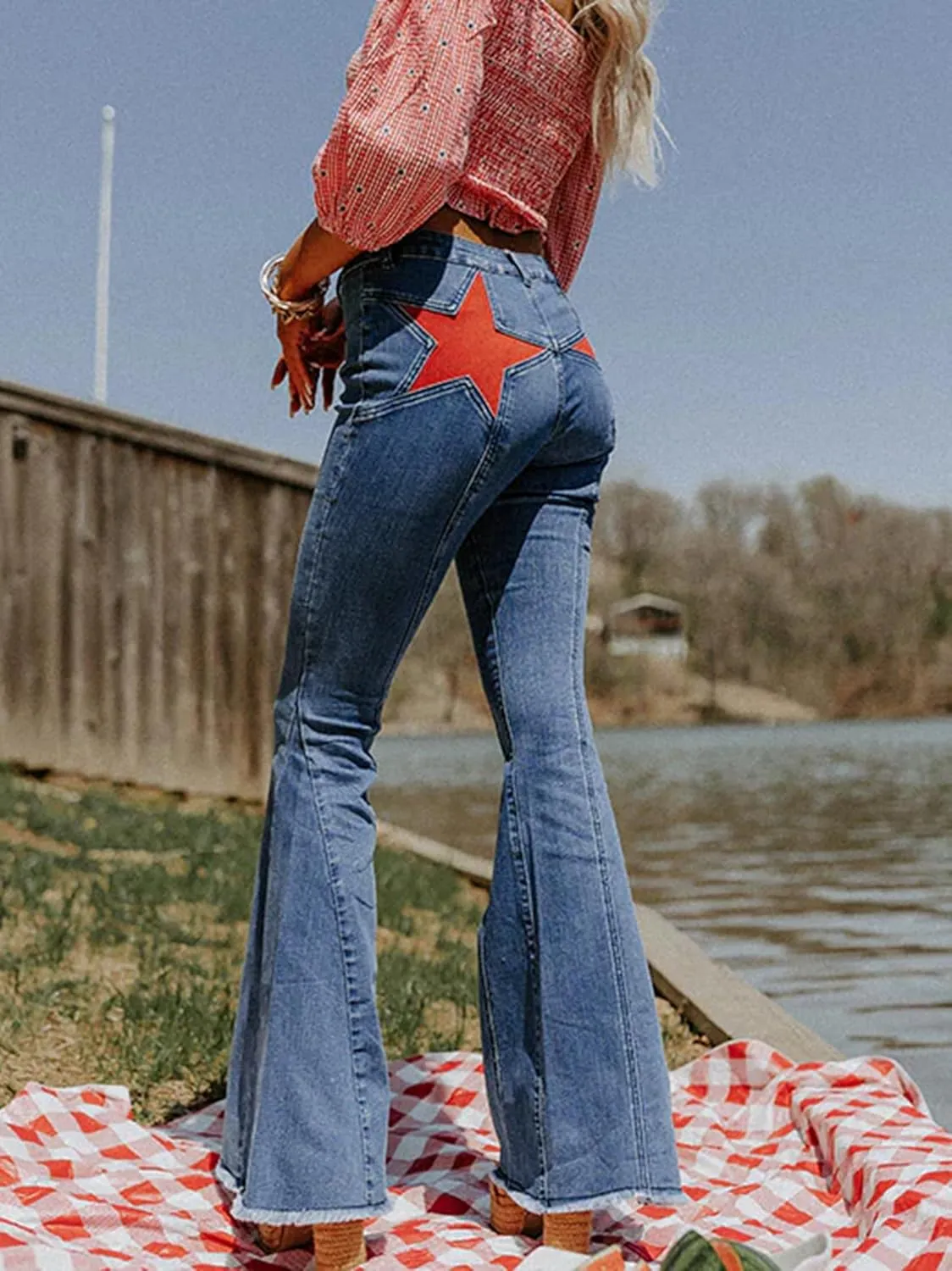 Women Y2k High Waist Flare Jeans Retro Star Print Bootcut Bell Bottom Jeans Casual Vintage Stretch Skinny Denim Pants
