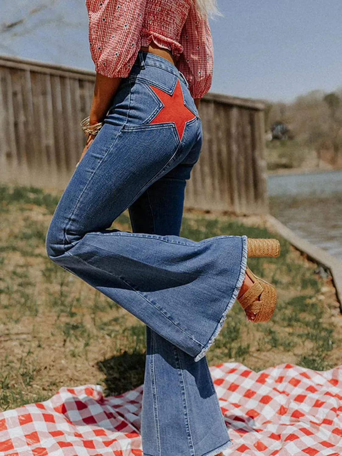 Women Y2k High Waist Flare Jeans Retro Star Print Bootcut Bell Bottom Jeans Casual Vintage Stretch Skinny Denim Pants