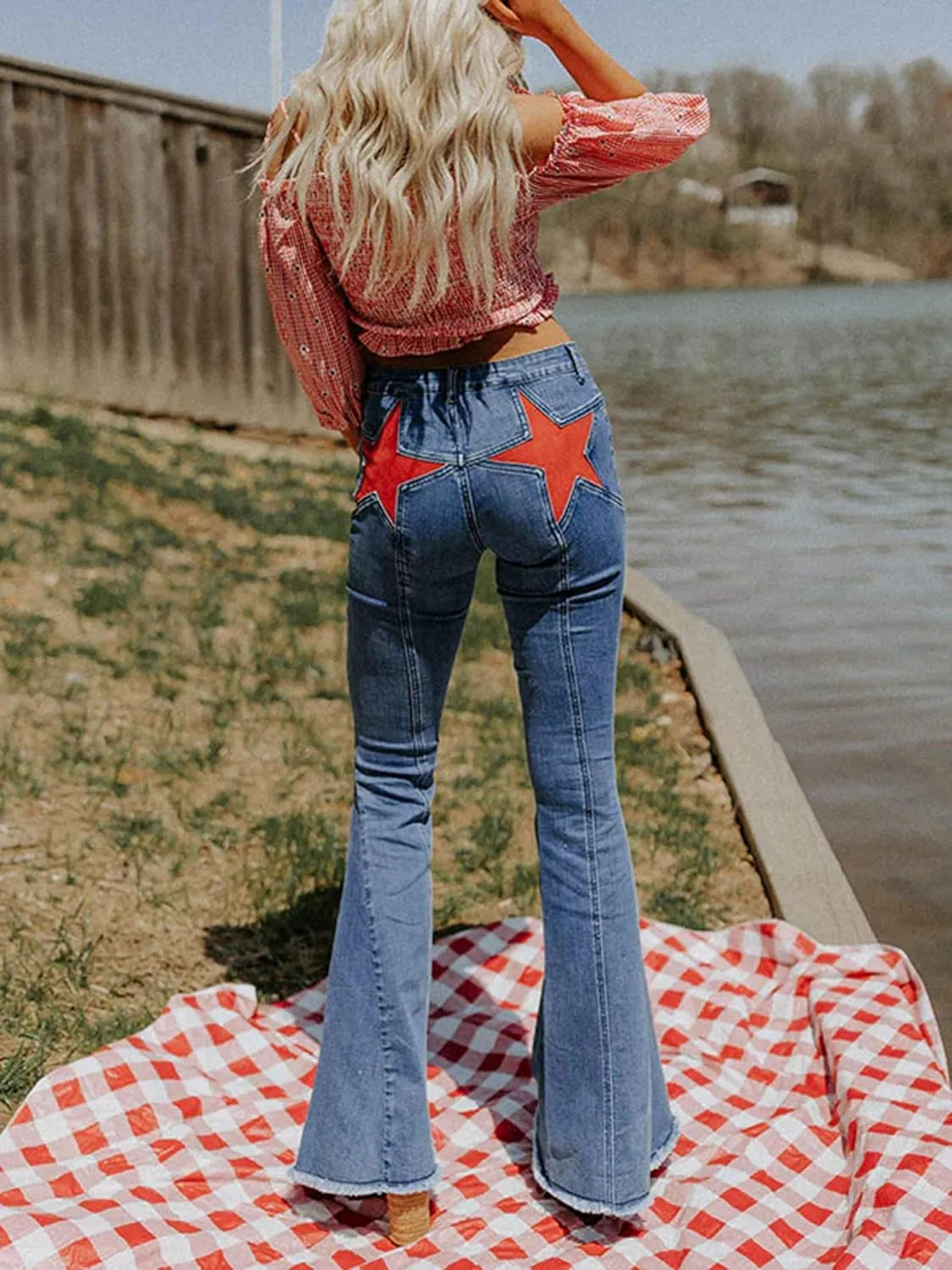 Women Y2k High Waist Flare Jeans Retro Star Print Bootcut Bell Bottom Jeans Casual Vintage Stretch Skinny Denim Pants