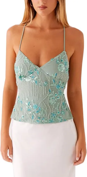 Women Y2k Sequin Sparkly Spaghetti Strap Crop Tops Sexy Halter Deep V Neck Open Back Tie Camisole Summer