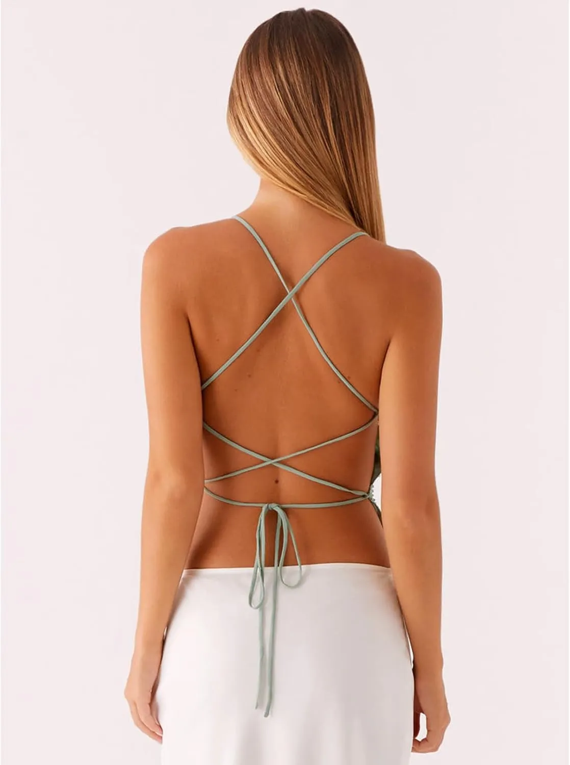 Women Y2k Sequin Sparkly Spaghetti Strap Crop Tops Sexy Halter Deep V Neck Open Back Tie Camisole Summer