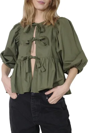 Women Y2K Tie Front Tops Puff Short Sleeve Peplum Shirts Going Out Lace up Crop Top Blouse