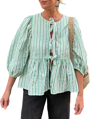 Women Y2K Tie Front Tops Puff Short Sleeve Peplum Shirts Going Out Lace up Crop Top Blouse