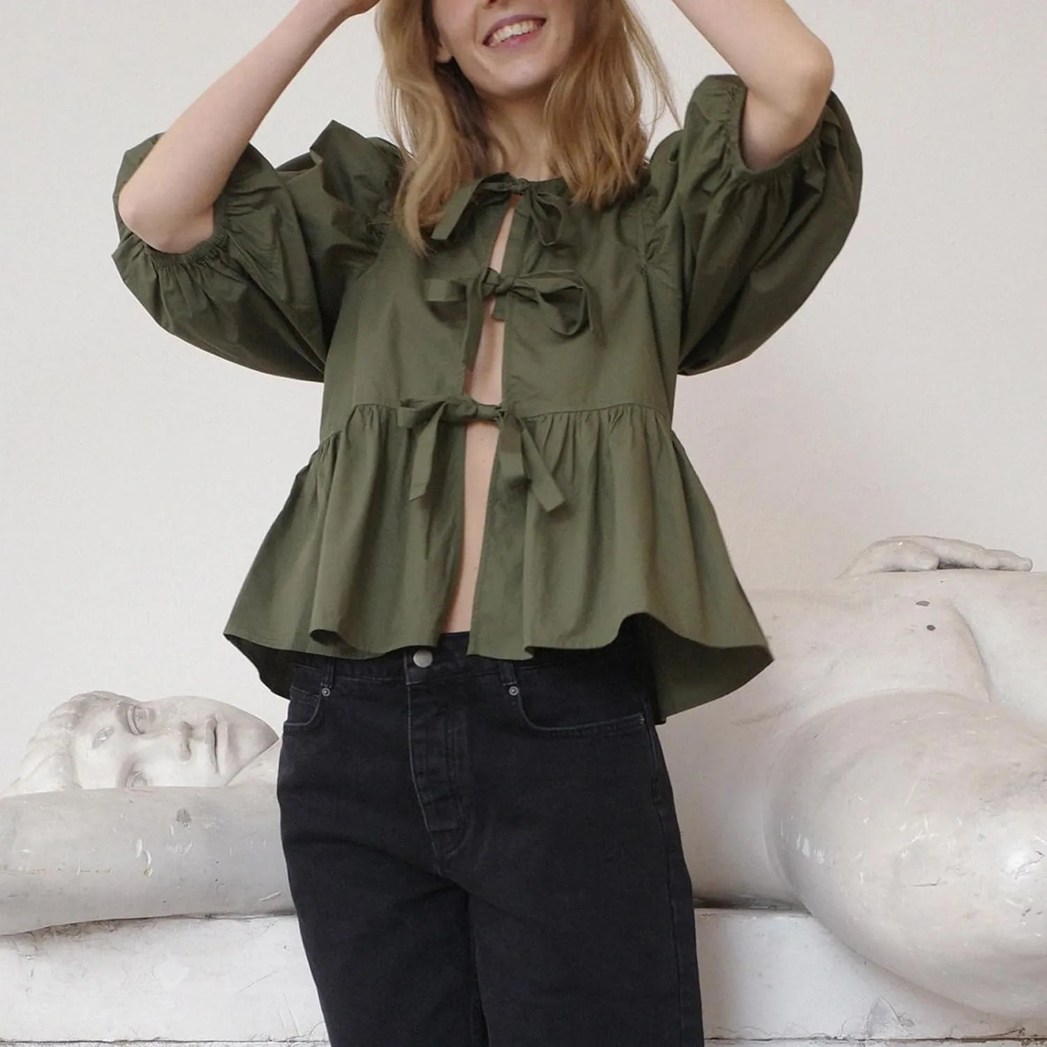 Women Y2K Tie Front Tops Puff Short Sleeve Peplum Shirts Going Out Lace up Crop Top Blouse