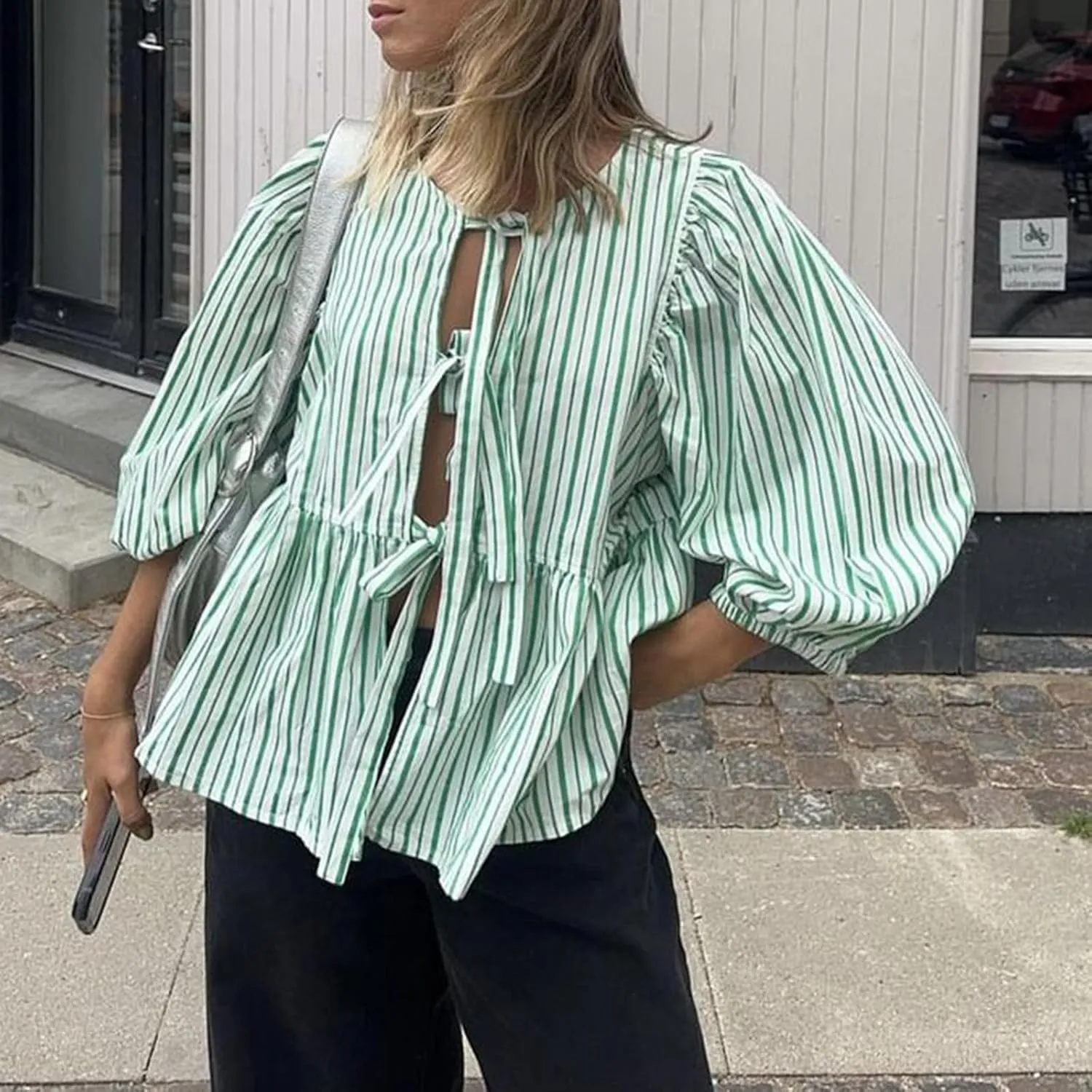 Women Y2K Tie Front Tops Puff Short Sleeve Peplum Shirts Going Out Lace up Crop Top Blouse