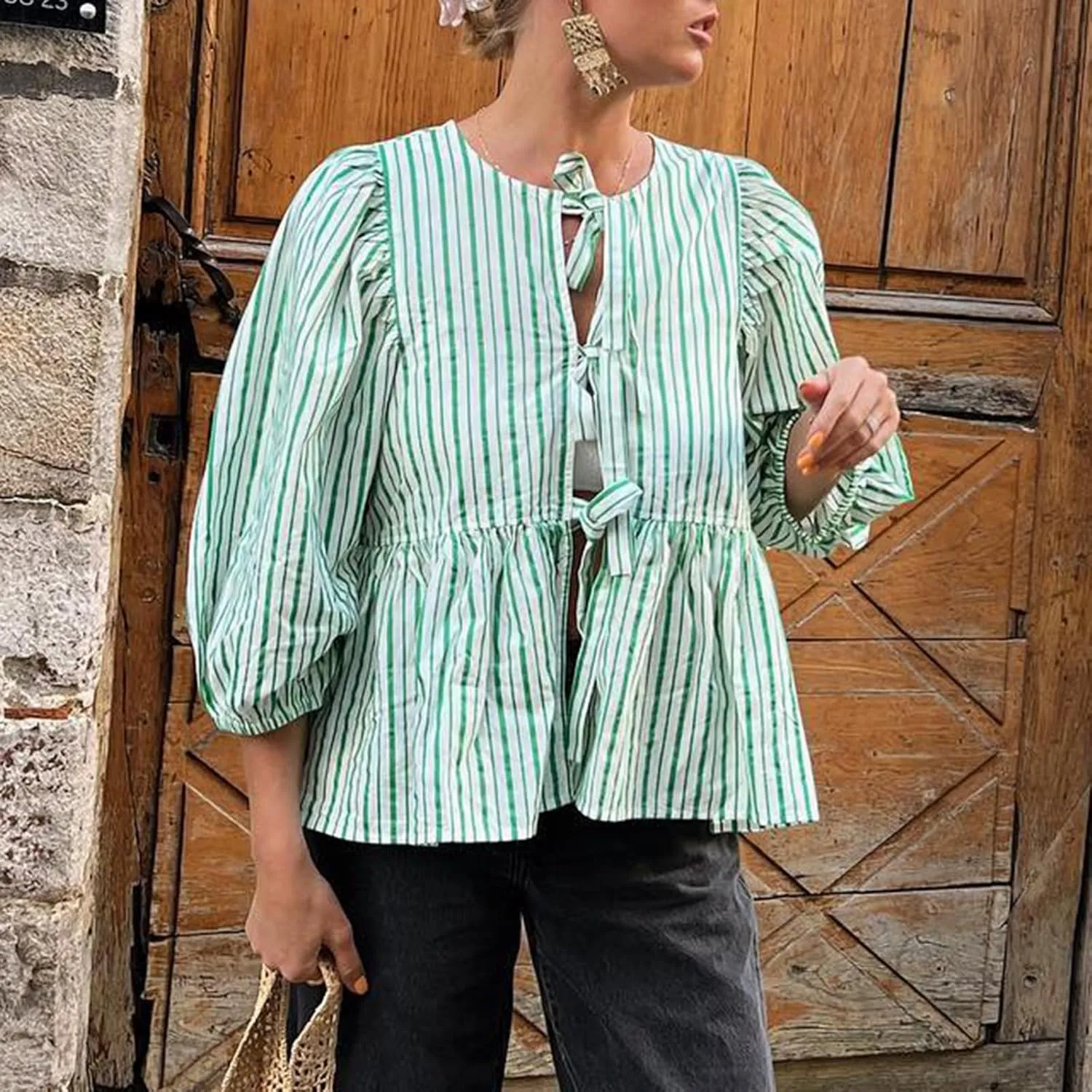 Women Y2K Tie Front Tops Puff Short Sleeve Peplum Shirts Going Out Lace up Crop Top Blouse