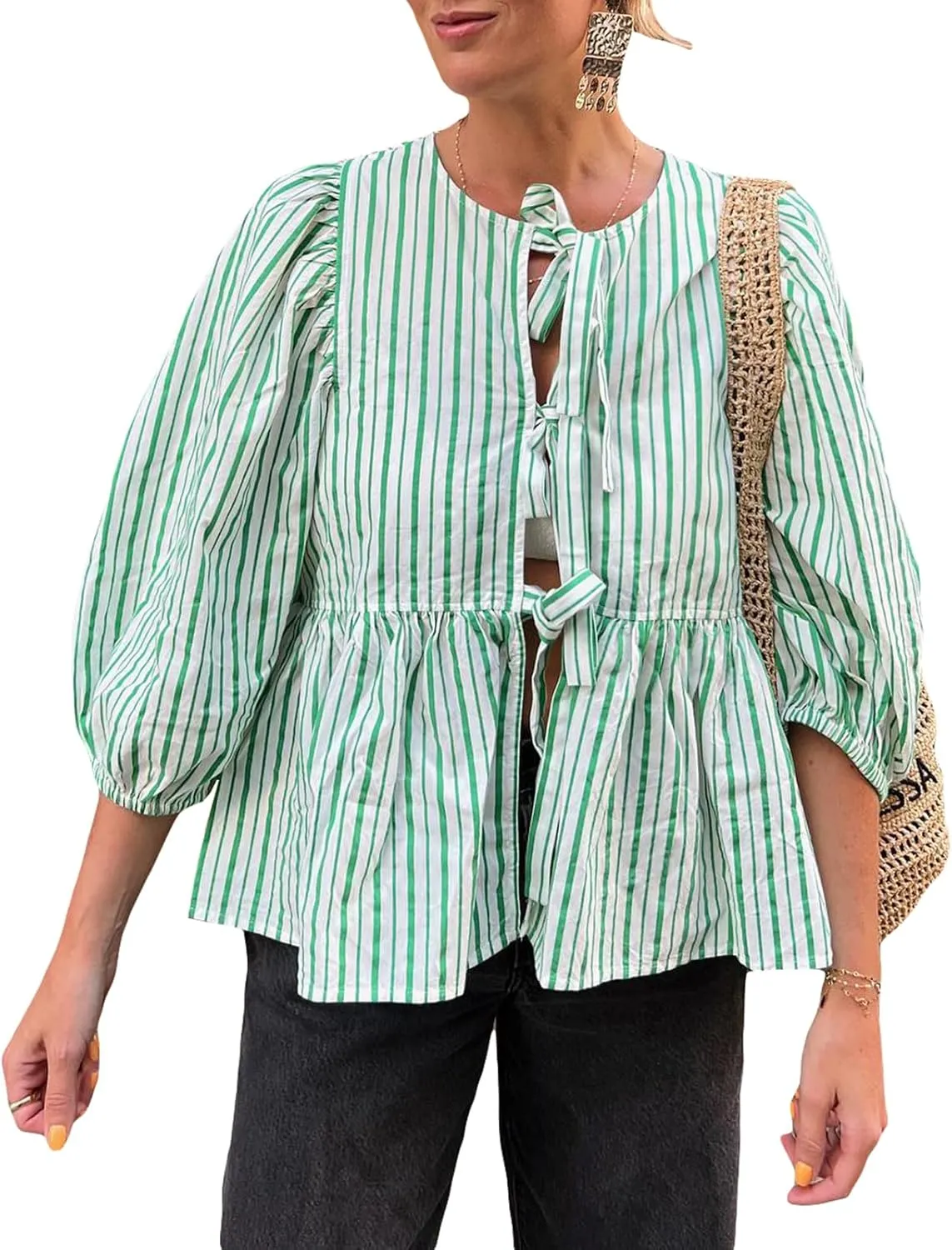 Women Y2K Tie Front Tops Puff Short Sleeve Peplum Shirts Going Out Lace up Crop Top Blouse