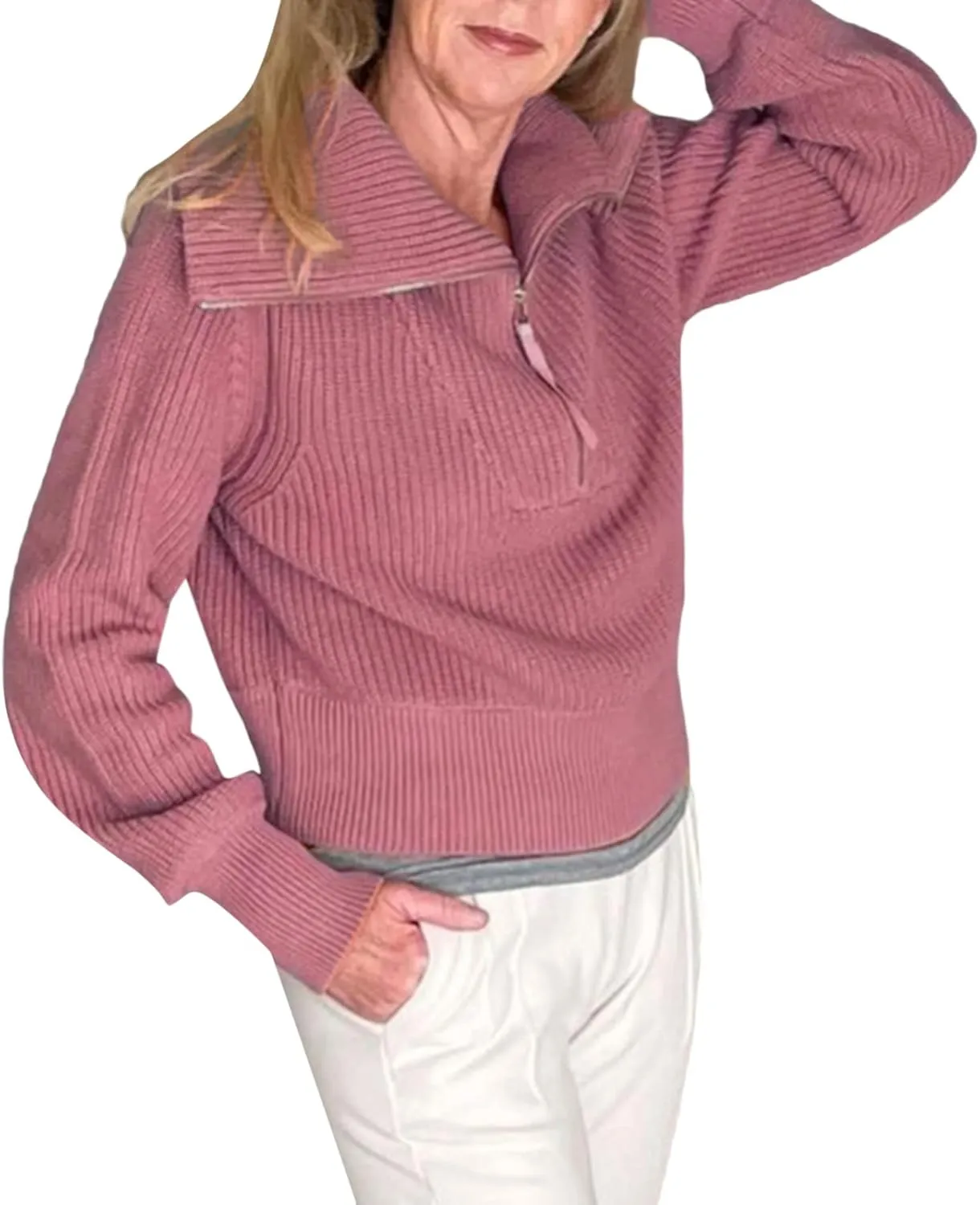 Women Zipper Long Sleeve Turtleneck Sweater Oversized Collared High Neck Pullover Ribbed Knit Solid Jumper Top