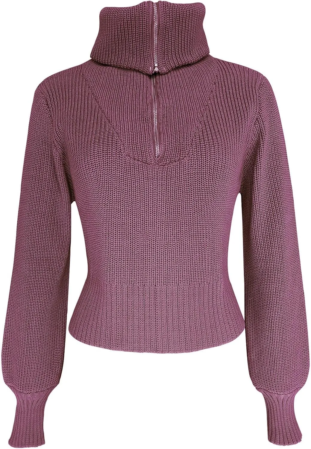 Women Zipper Long Sleeve Turtleneck Sweater Oversized Collared High Neck Pullover Ribbed Knit Solid Jumper Top