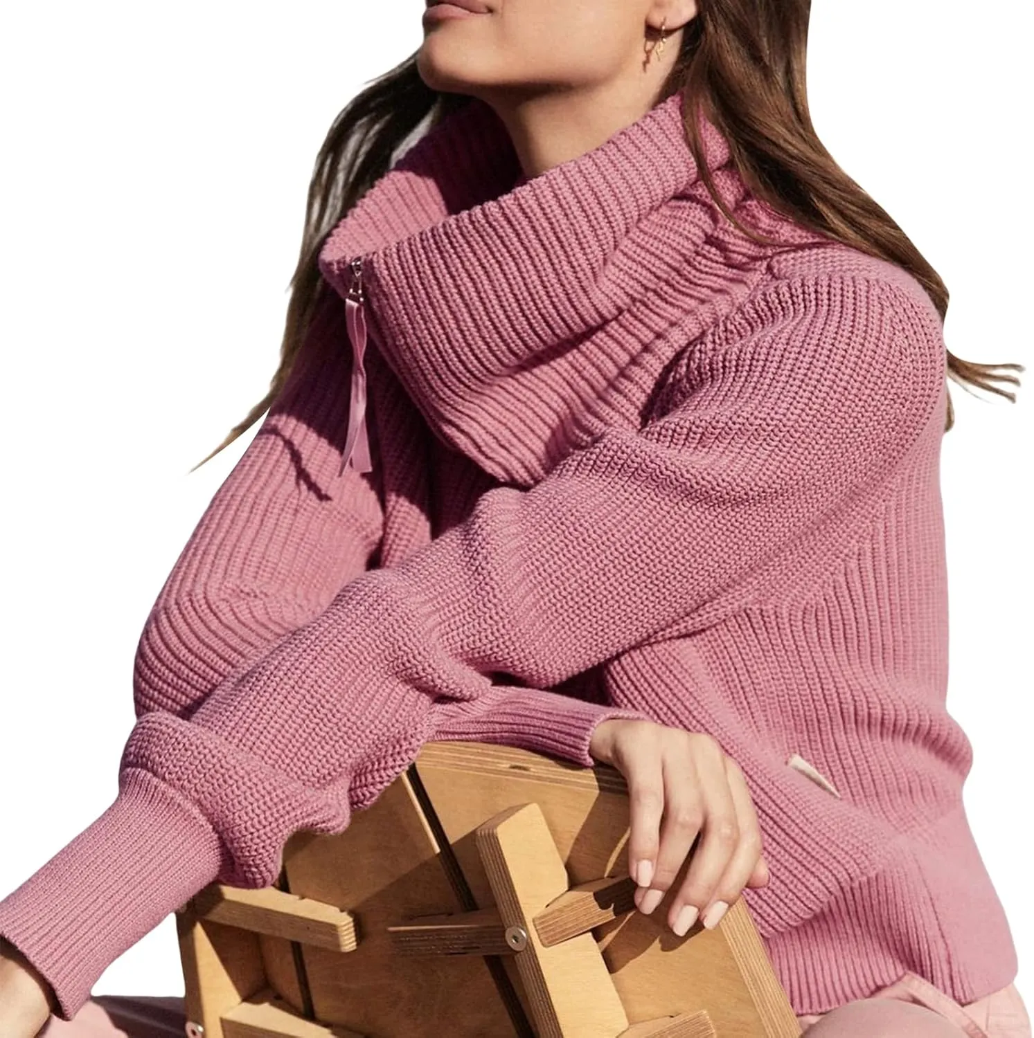 Women Zipper Long Sleeve Turtleneck Sweater Oversized Collared High Neck Pullover Ribbed Knit Solid Jumper Top