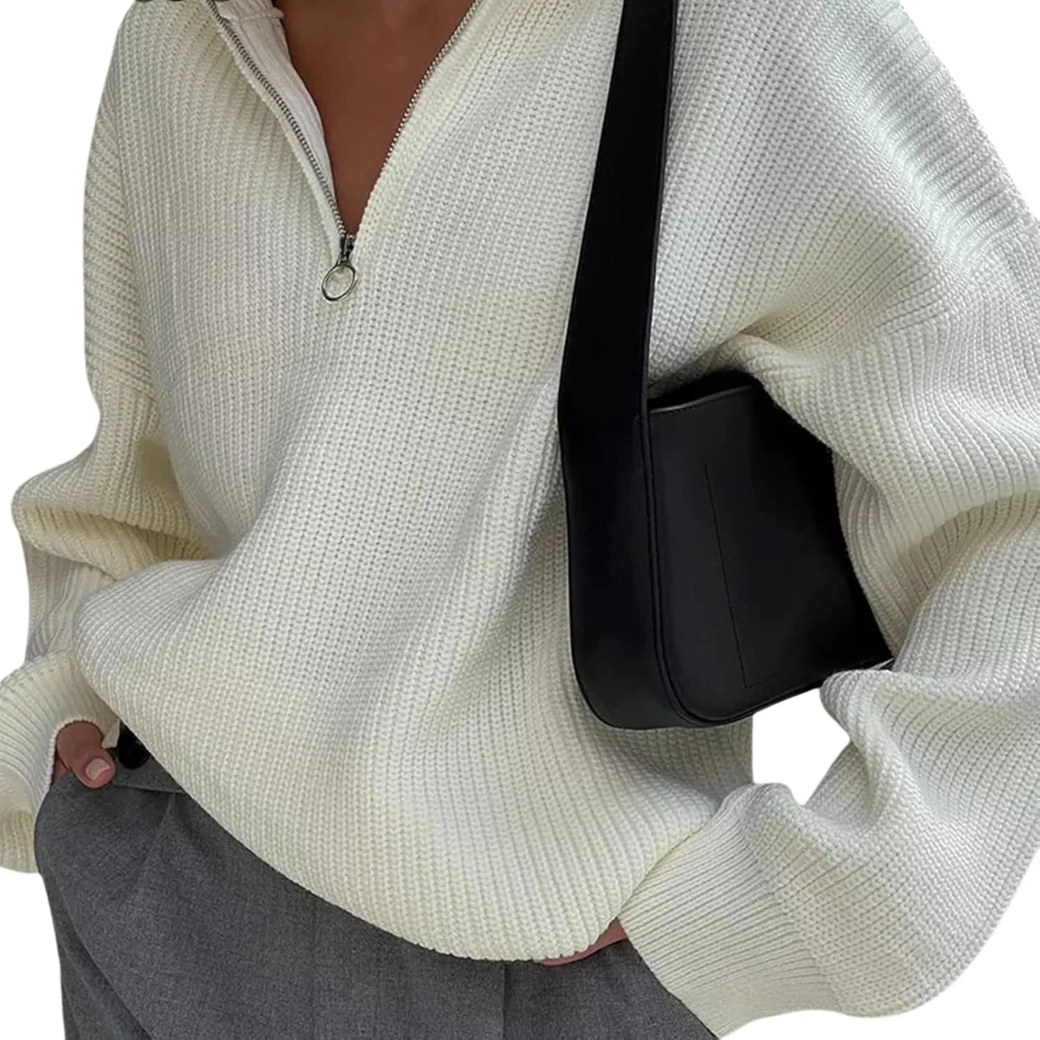 Women Zipper Long Sleeve Turtleneck Sweater Oversized Collared High Neck Pullover Ribbed Knit Solid Jumper Top