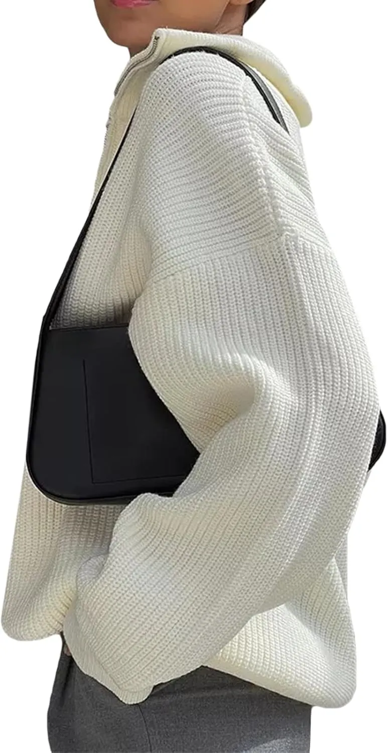 Women Zipper Long Sleeve Turtleneck Sweater Oversized Collared High Neck Pullover Ribbed Knit Solid Jumper Top