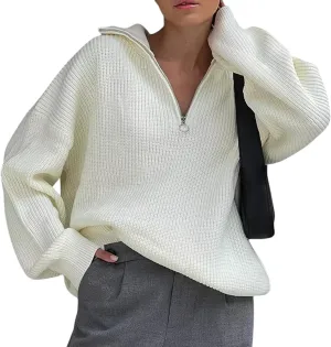 Women Zipper Long Sleeve Turtleneck Sweater Oversized Collared High Neck Pullover Ribbed Knit Solid Jumper Top