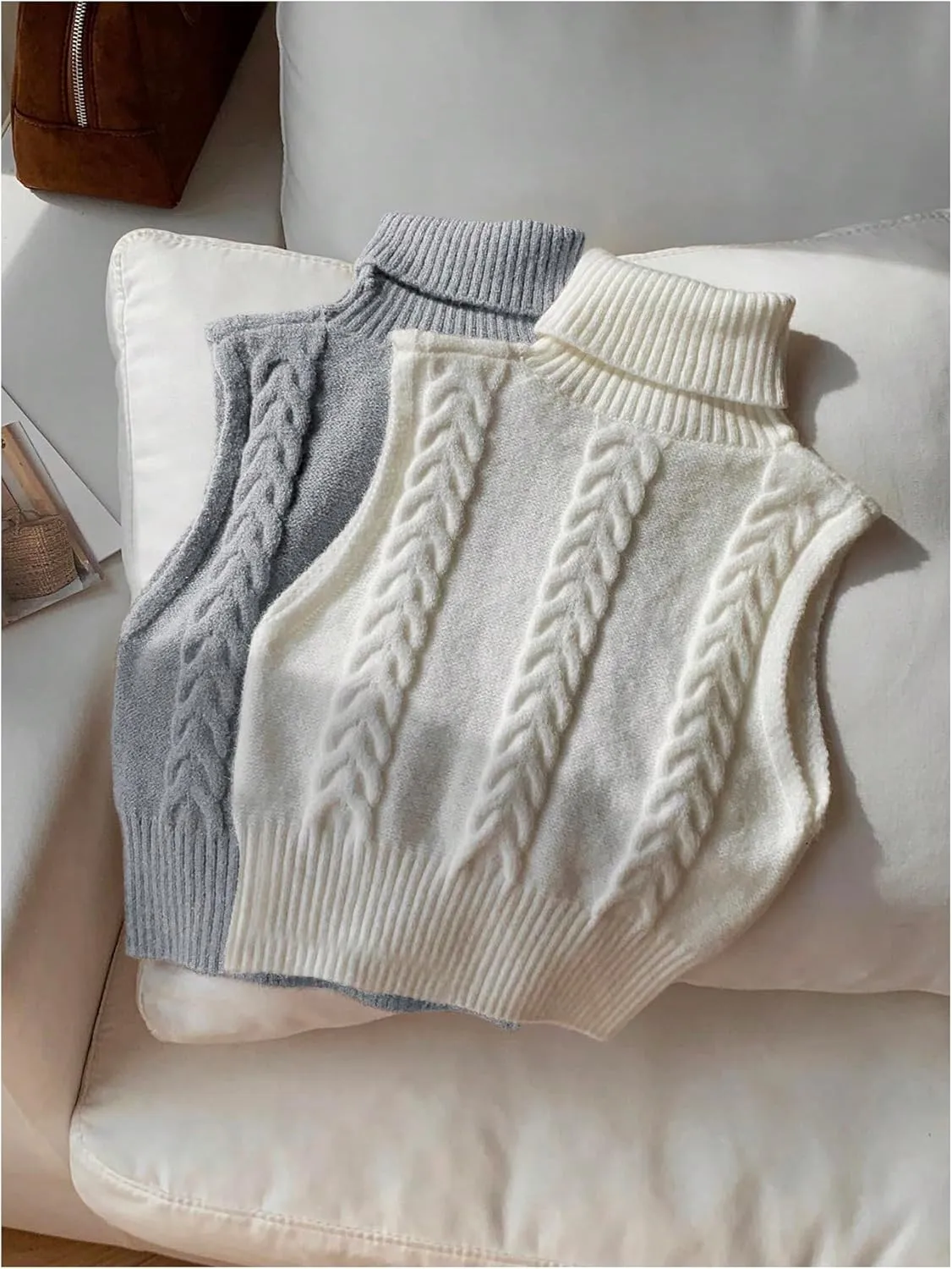 Women's 2 Piece Cable Knit Cropped Sweater Vest High Neck Sleeveless Knit Pullover Top