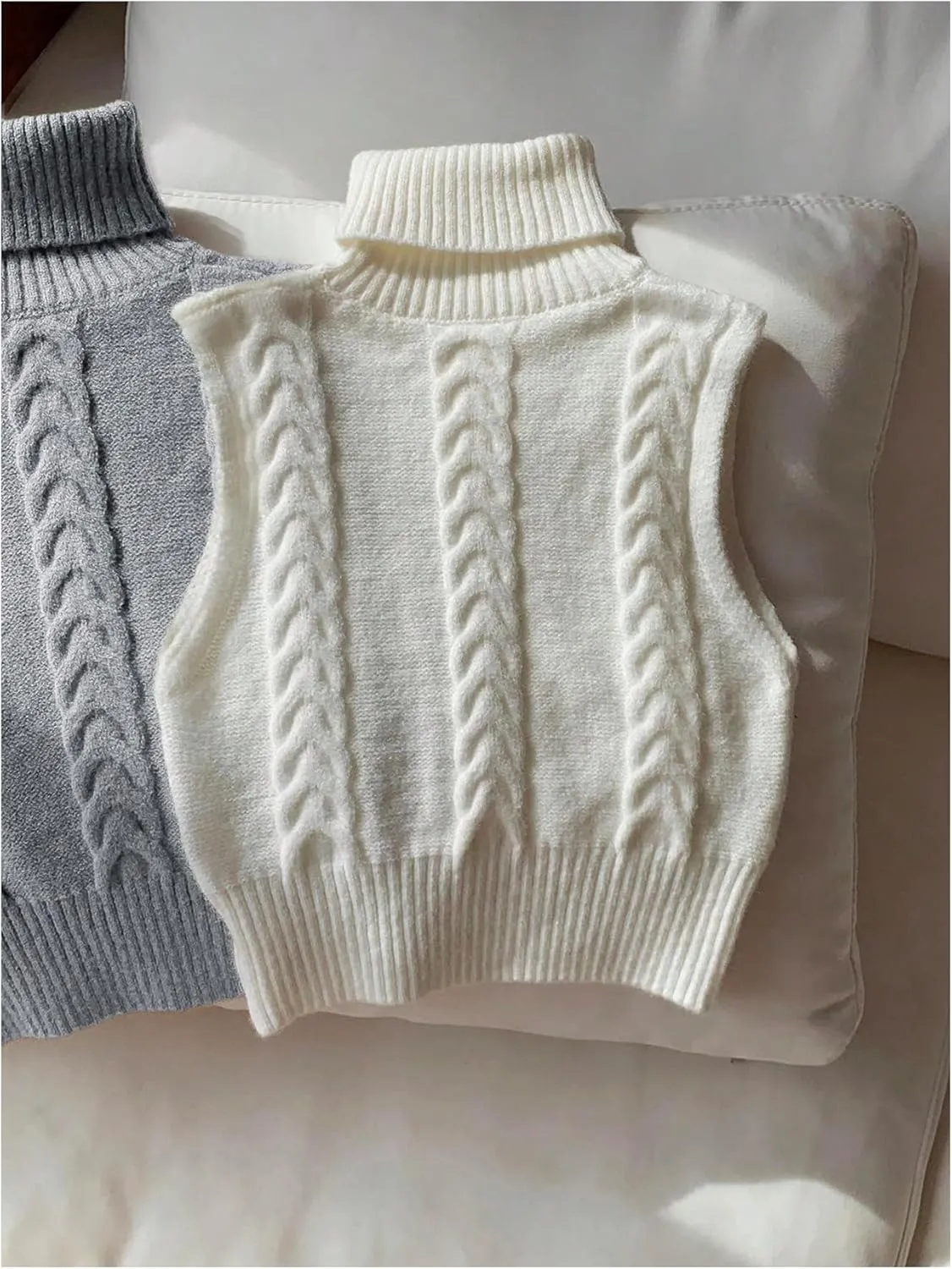 Women's 2 Piece Cable Knit Cropped Sweater Vest High Neck Sleeveless Knit Pullover Top